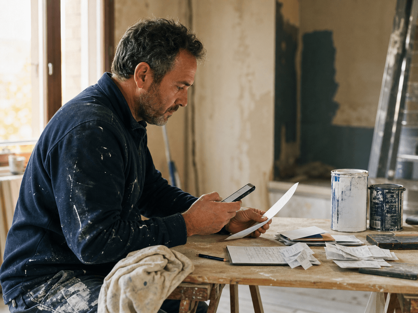Pedro, pintor autónomo, revisando el resultado de un trabajo