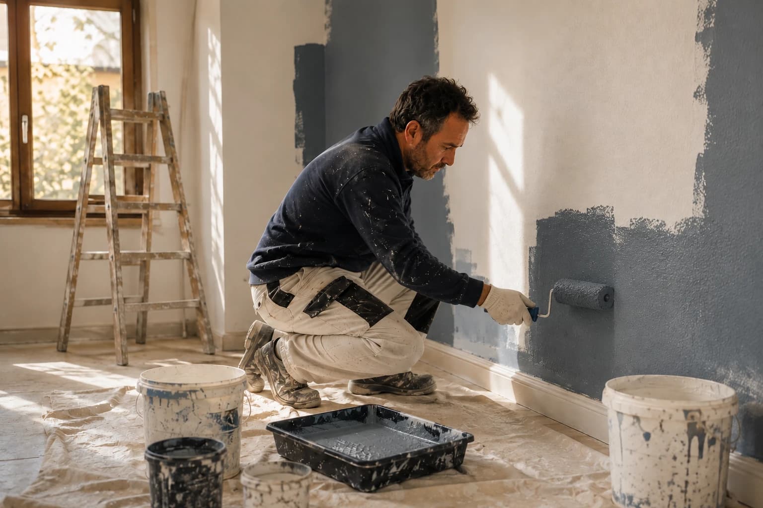 Pintor profesional aplicando pintura en una pared interior con rodillo