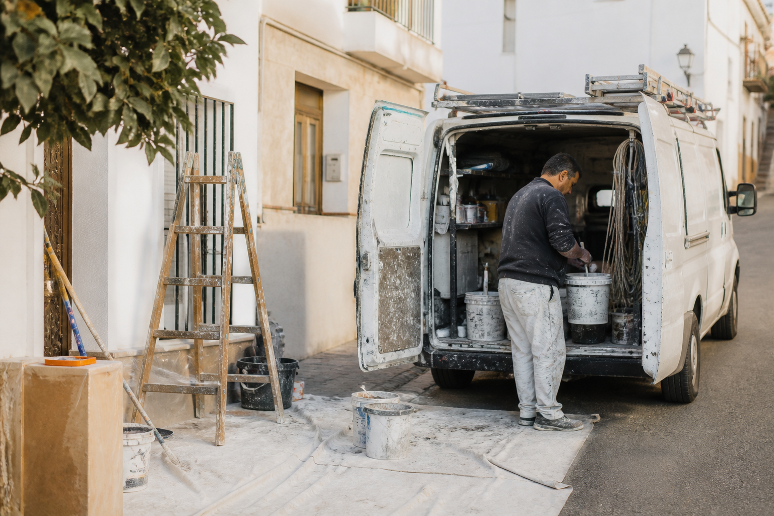 Pintor profesional preparando sus herramientas junto a una furgoneta